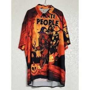 HARDADDY Orange Halloween Bigfoot Monster I Hate People Button Up Camp Shirt XXL